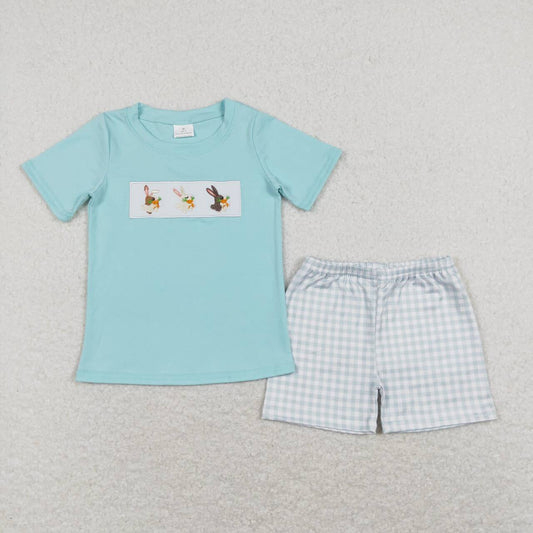 BSSO0414 Bunny Embroidery Top Plaid Print Shorts Boys Easter Clothes Set