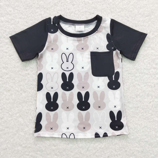 BT0589  Black Grey Bunny Print Boys Easter Tee Shirts Top
