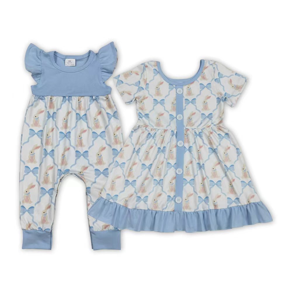 Bunny Blue Bows Print Girls Easter Matching Clothes Sisters Wear