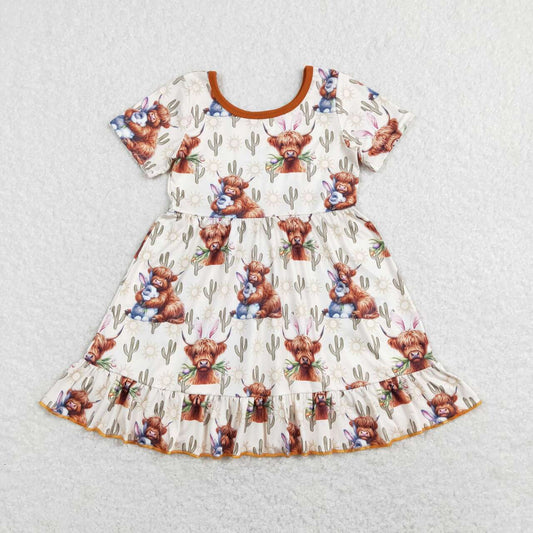 GSD0778 Highland Cow Bunny Print Girls Easter Knee Length Dress