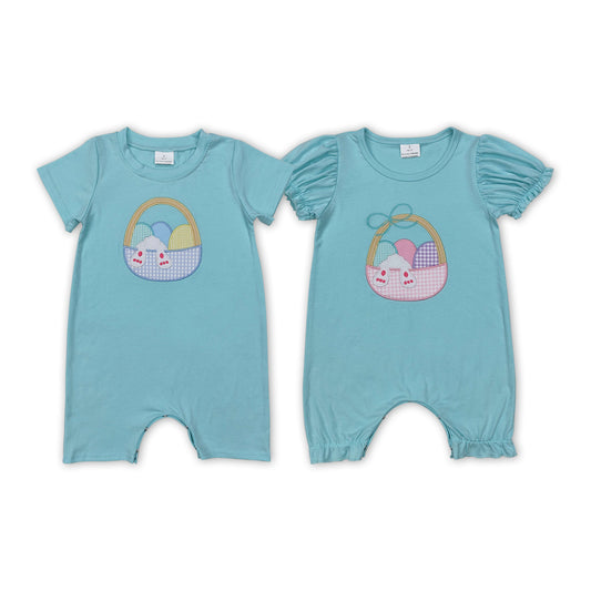 Bunny Eggs Embroidery Blue Baby Easter Romper Sibling Wear