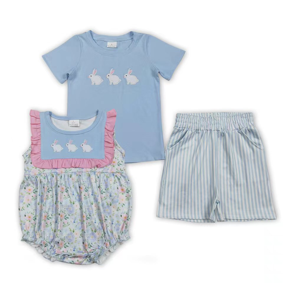 Bunny Embroidery Blue Girls Easter Matching Clothes Sibling Wear