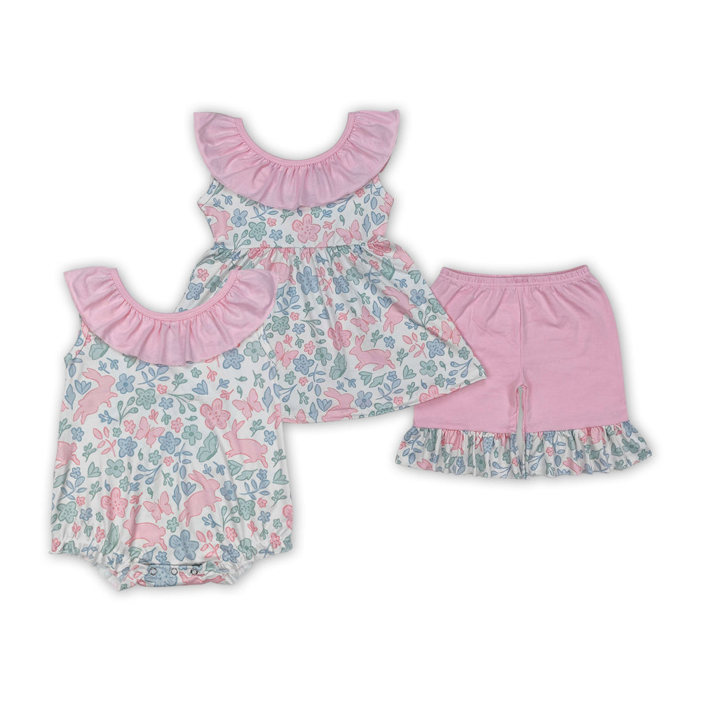 Bunny Flowers Pink Print Sisters Easter Matching Clothes