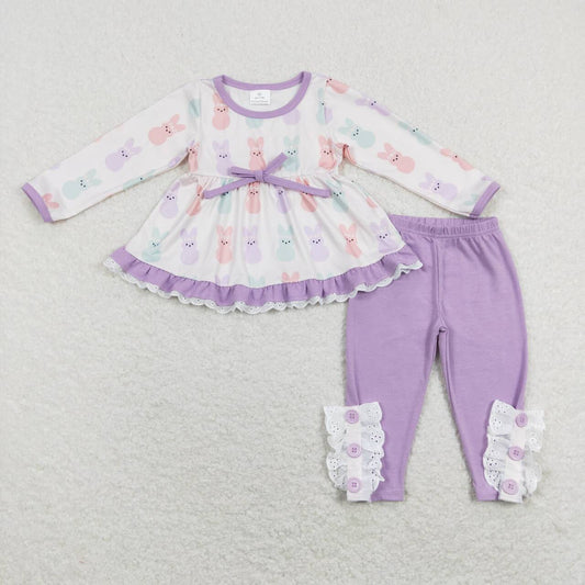 GLP1078 Bunny Print Tunic Top Purple Legging Pants Girls Easter Clothes Set