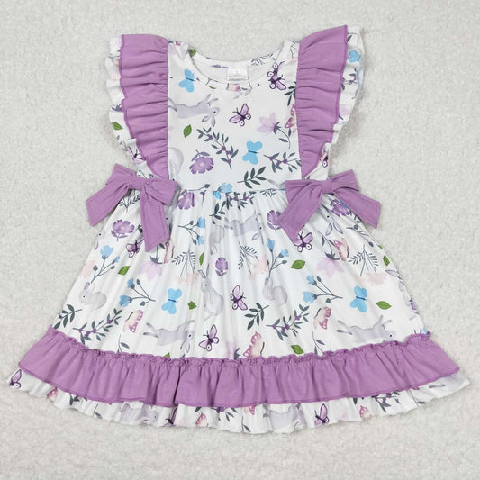 GSD0626 Bunny Flowers Butterfly Print Girls Bows Easter Knee Length Dress