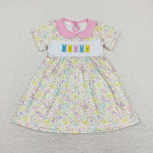 GSD0649 Flowers Bunny Embroidery Print Girls Easter Knee Length Dress