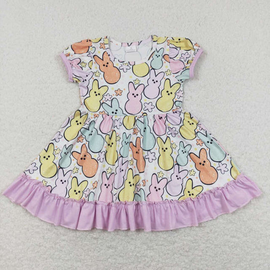 GSD0705 Colorful Bunny Flowers Print Girls Easter Dress