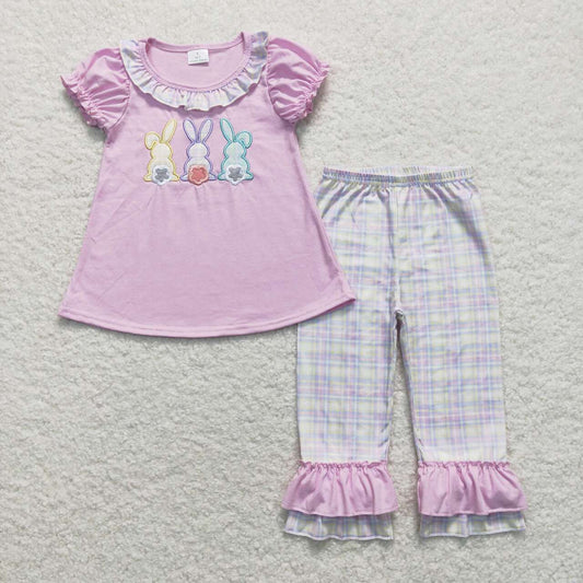 GSPO0977 3 Bunny Embroidery Top Plaid Pants Girls Easter Clothes Set