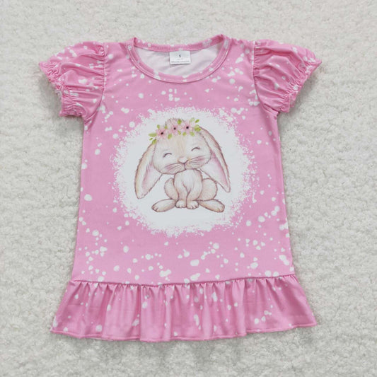 GT0466  Cute Pink Flowers Bunny Print Girls Easter Tee Shirts Top