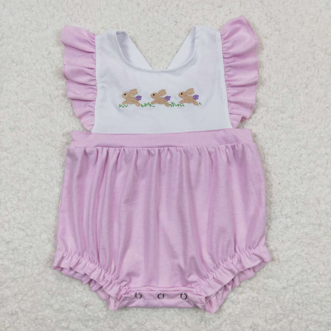 SR0620 Pink Bunny Embroidery Baby Girls Easter Romper