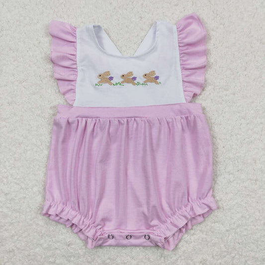 SR0620 Pink Bunny Embroidery Baby Girls Easter Romper