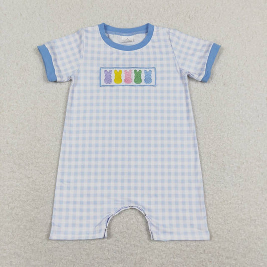 SR0690 Colorful Bunny Embroidery Blue Plaid Baby Boys Easter Romper