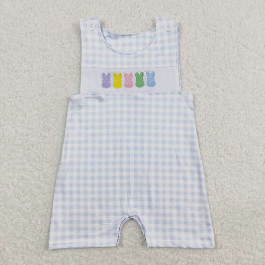 SR0691 Colorful Bunny Embroidery Blue Plaid Baby Boys Buttons Easter Romper