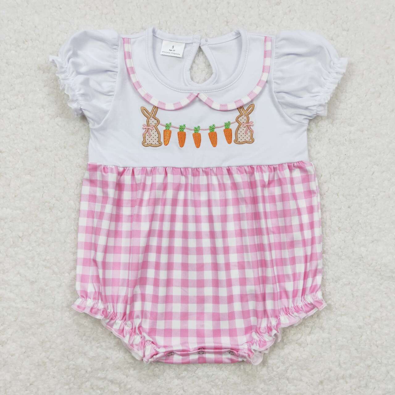 SR0722  Bunny Carrot Embroidery Pink Plaid Print Baby Girls Easter Romper