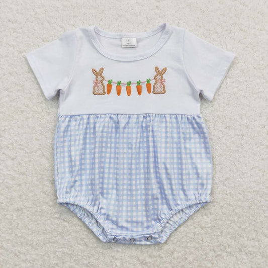 SR0723  Bunny Carrot Embroidery Blue Plaid Print Baby Boys Easter Romper