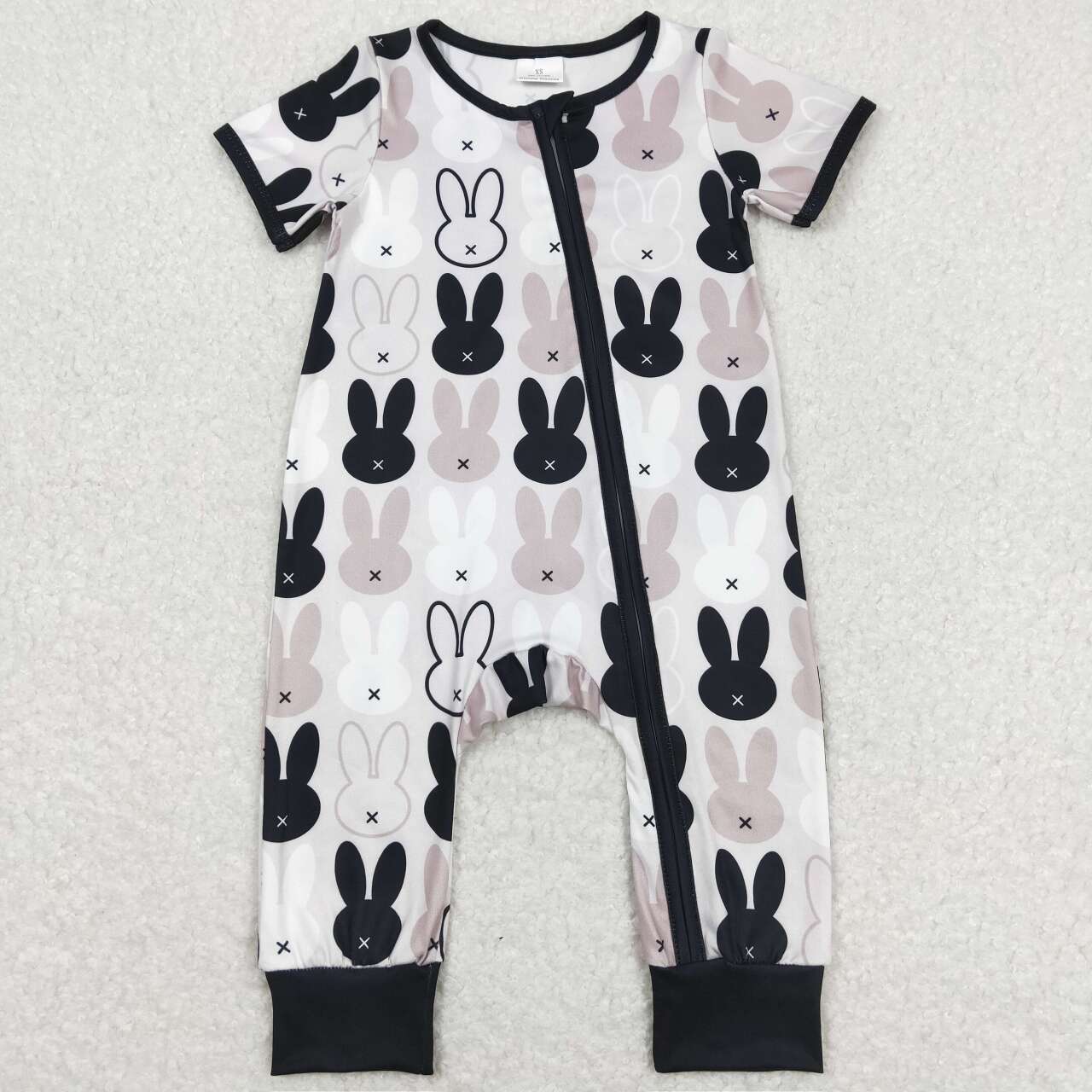 SR1012 Black Grey Bunny Print Baby Boys Easter Zipper Romper