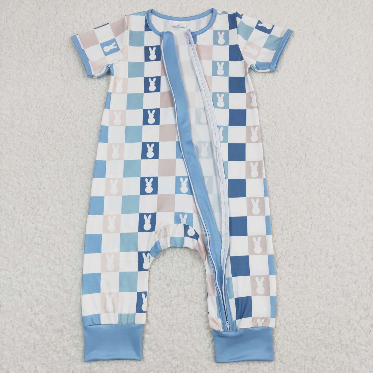 SR1013 Bunny Plaid Print Baby Boys Easter Zipper Romper