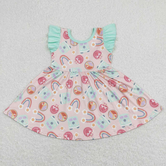 GSD0717 Rainbow Smiling Face Bus Print Girls Knee Length Summer Dress