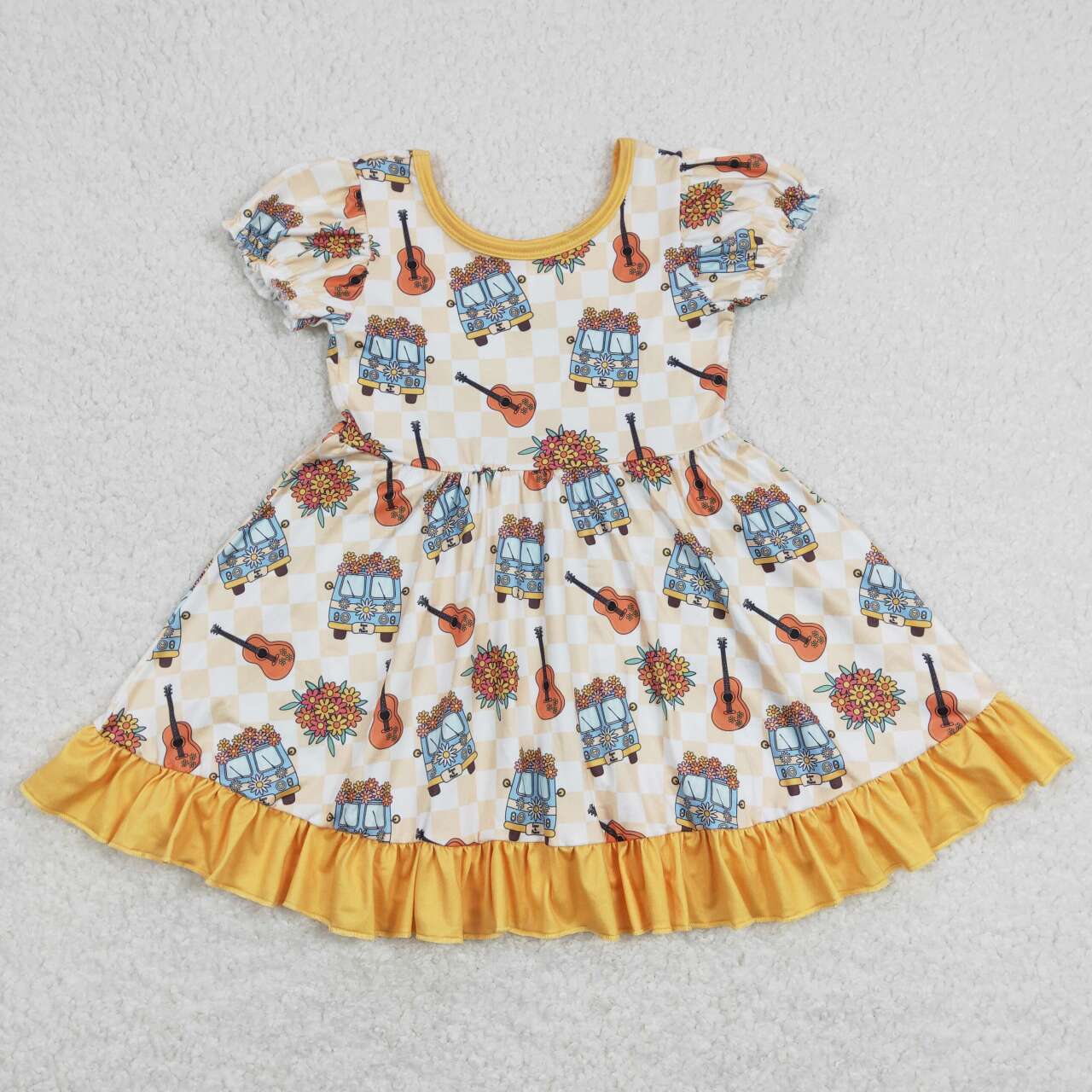 GSD0816 Bus Flowers Guitar Yellow Print Girls Knee Length Dress