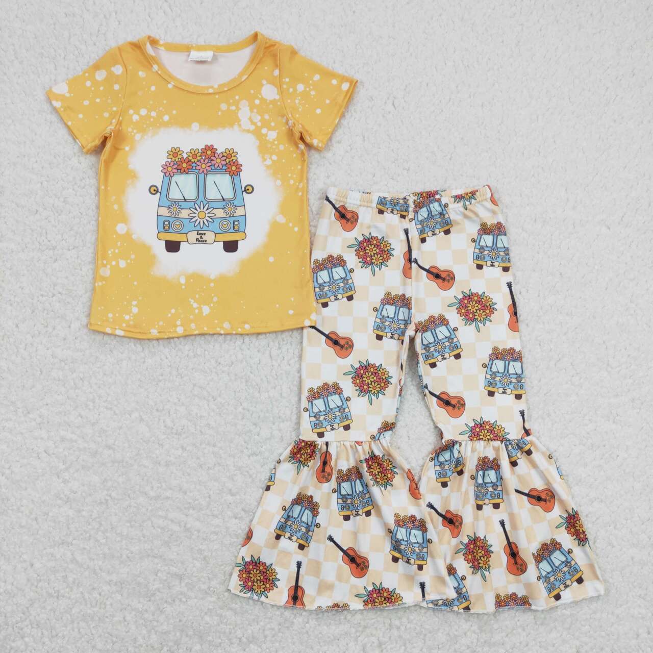 GSPO1369 Bus Flowers Guitar Yellow Print Girls Bell Pants Clothes Set