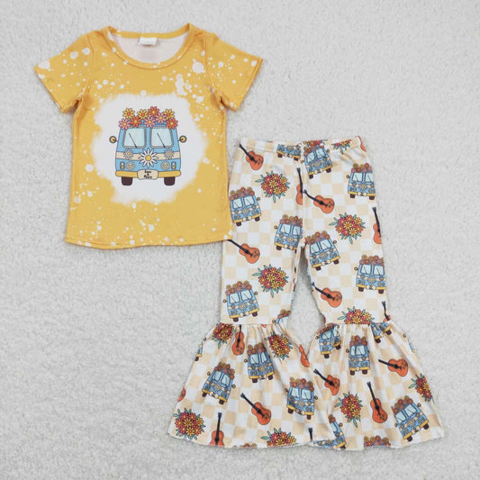 GSPO1369 Bus Flowers Guitar Yellow Print Girls Bell Pants Clothes Set