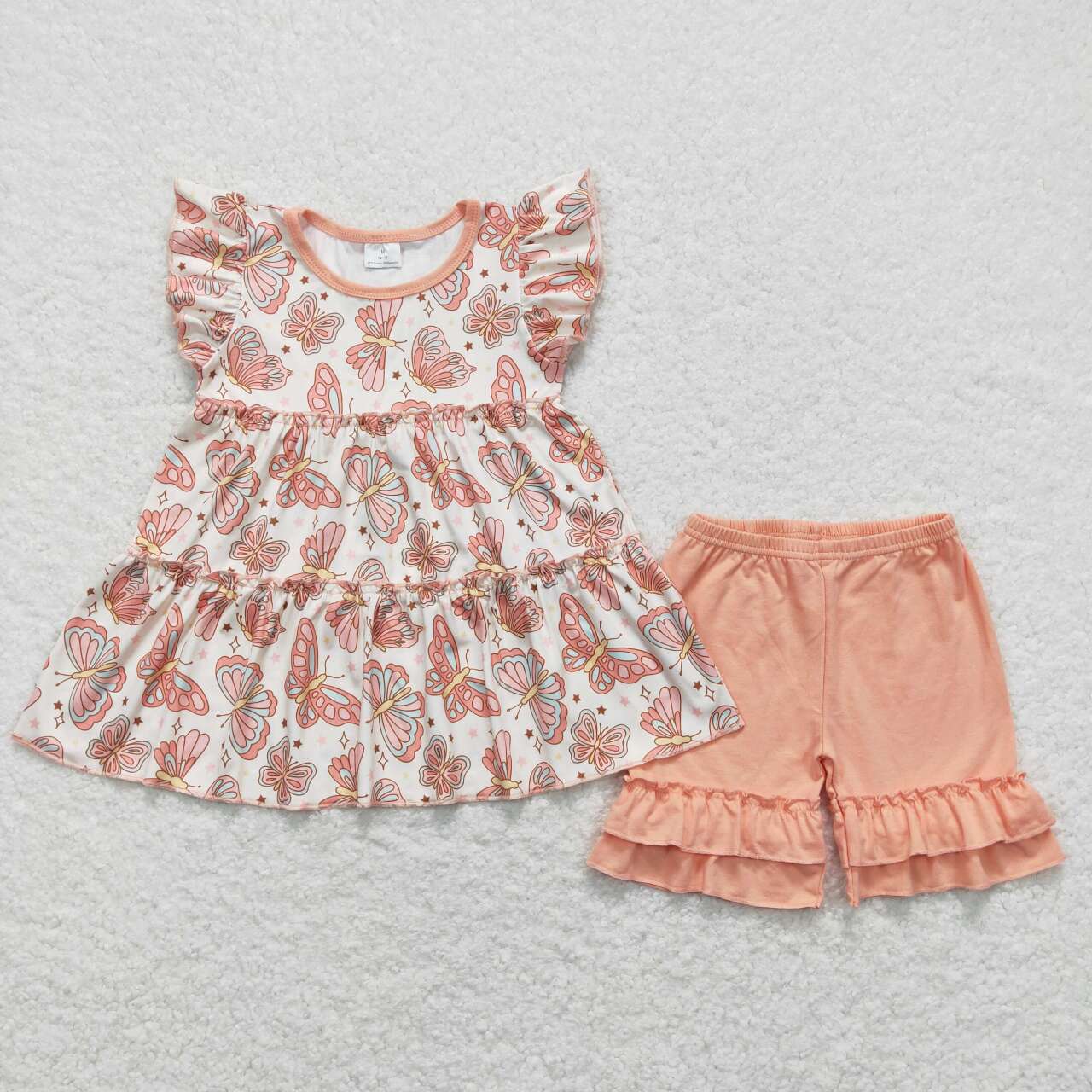 GSSO1076 Butterfly Tunic Top Ruffle Shorts Girls Summer Clothes Set