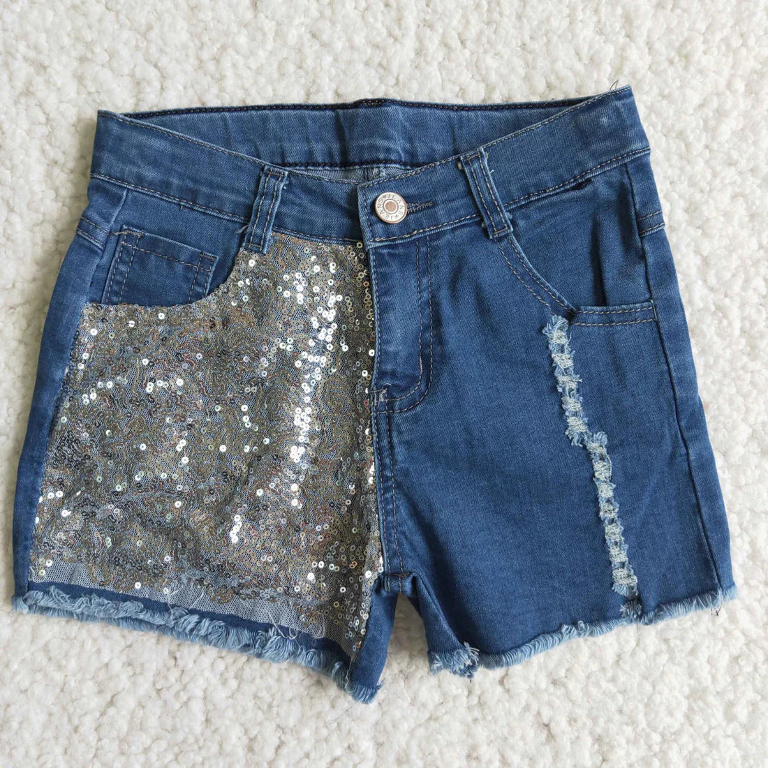 GT0133+D8-14+GB0006 Cow Skull Top Sequins Blue Denim Shorts Girls 3 Pieces Summer Outfits