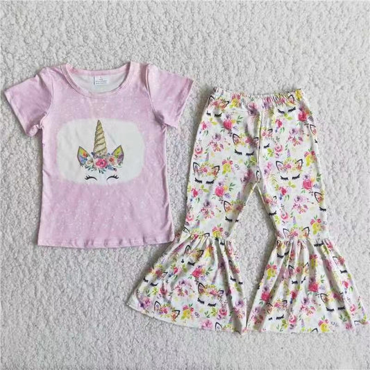 (Promotion)Short sleeve unicorn floral print bell bottom pants outfits   C0-9