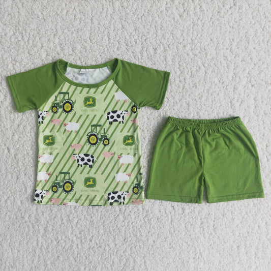 (Promotion)Boys green color farm print summer outfits C13-17