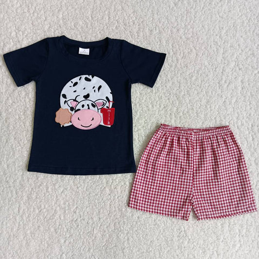 (Promotion)C16-8 Boys summer Farm Cows embroidery short sleeve shorts outfits