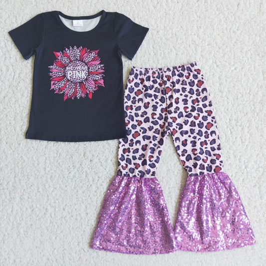 (Promotion) C4-21 Purple leopard sunflowers bell pants clothes set