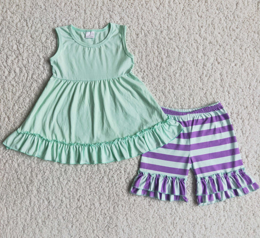 (Promotion)Sleeveless Green top ruffles shorts summer outfits C4-9
