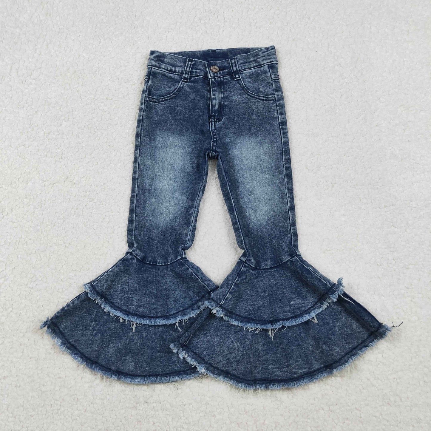 Washed Blue Denim Double Ruffle Bell Bottom Jeans Girls Pants   C5-15