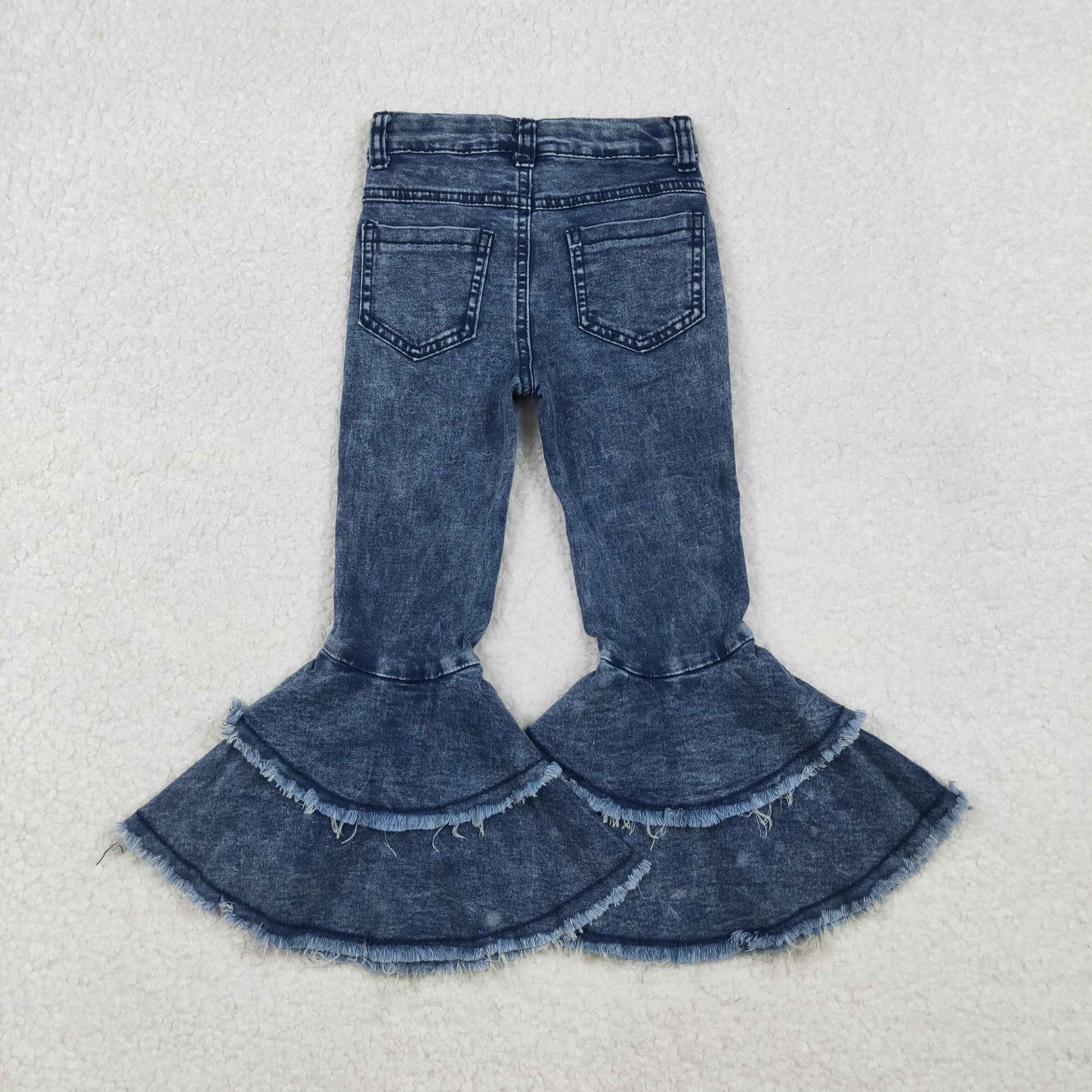 Washed Blue Denim Double Ruffle Bell Bottom Jeans Girls Pants   C5-15