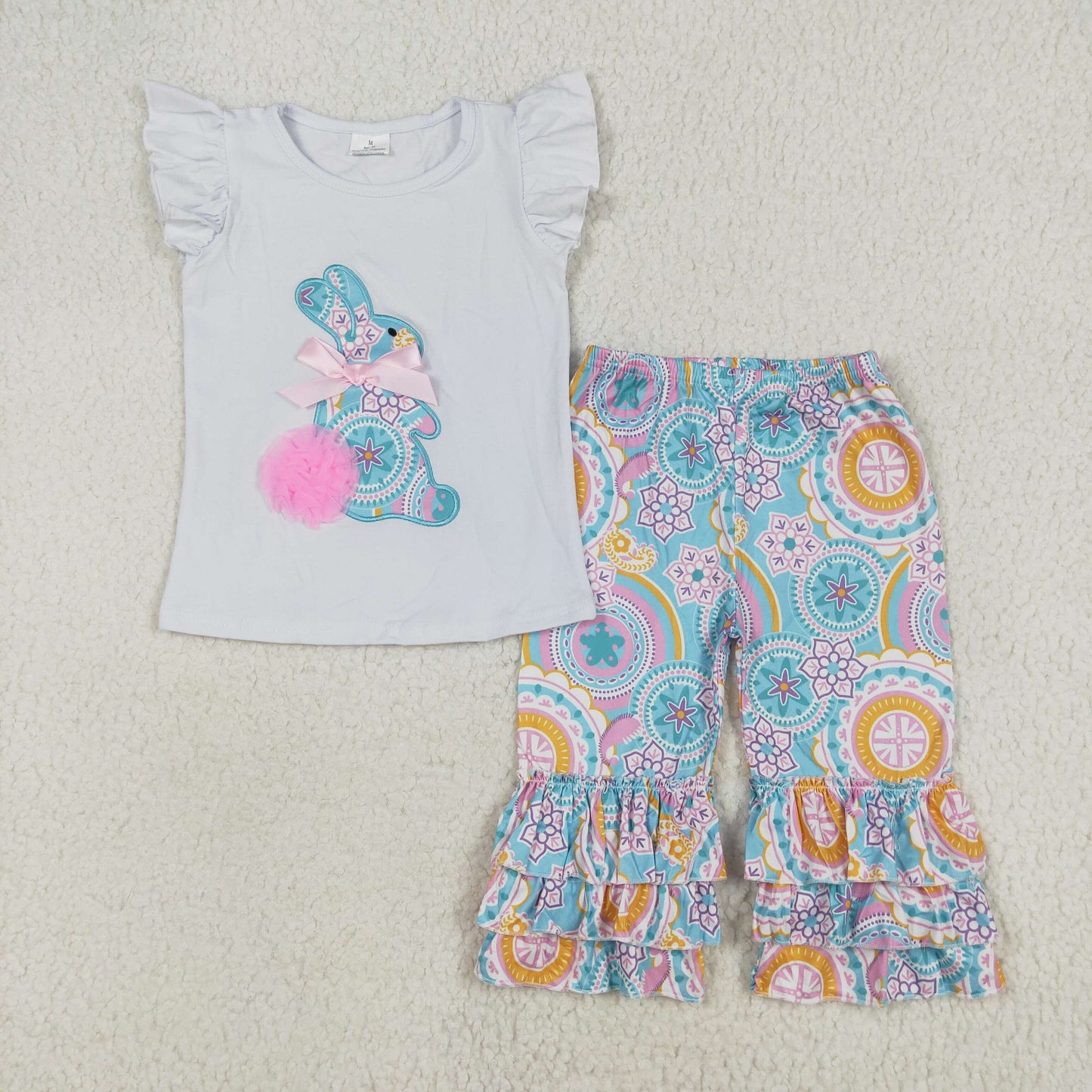 (Promotion)C7-4   Bunny Embroidery Top Flowers Capris Pants Girls Easter Outfits