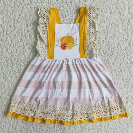 (Promotion) C9-12 Pumpkin Flowers Plaid Girls Fall Knee Length Dress