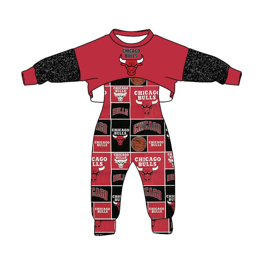 (Custom Design Preorder MOQ 5) Team's CHICAGO BULLS Print Jumpsuits Girls Fall Clothes Set