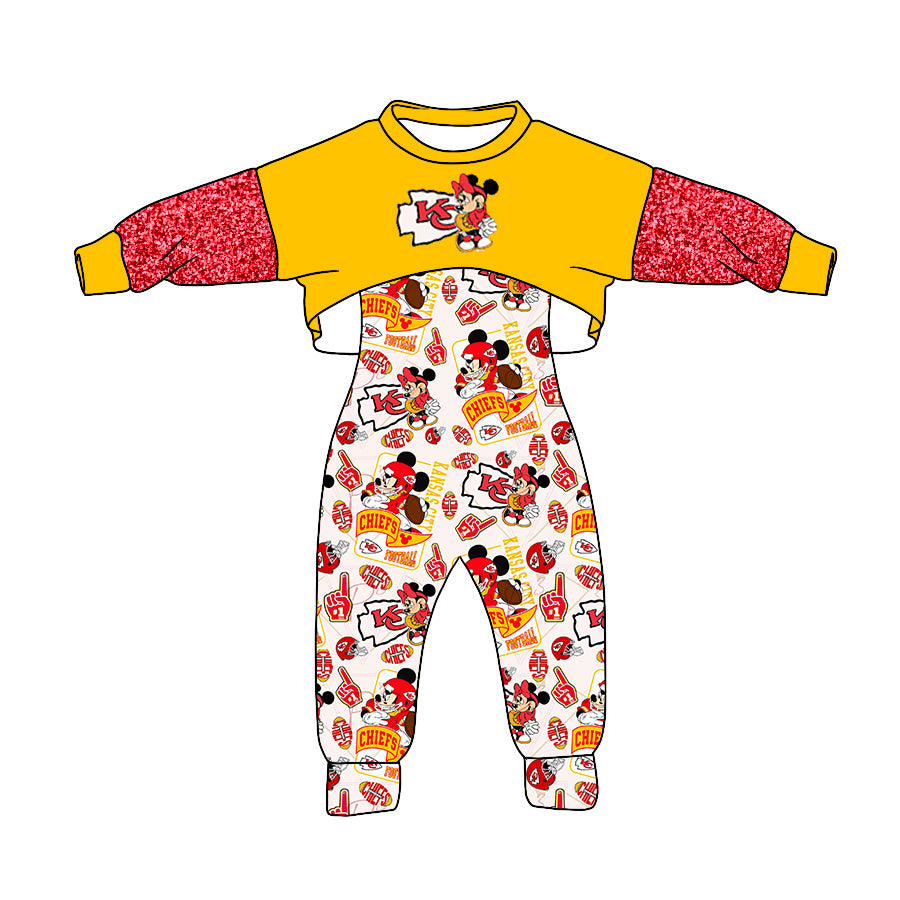 (Custom Design Preorder MOQ 5) Team's CHIEFS Print Jumpsuits Girls Fall Clothes Set