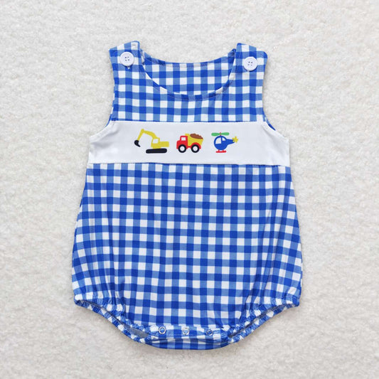 SR1011 Construction Truck Plaid Print Baby Boys Summer Romper