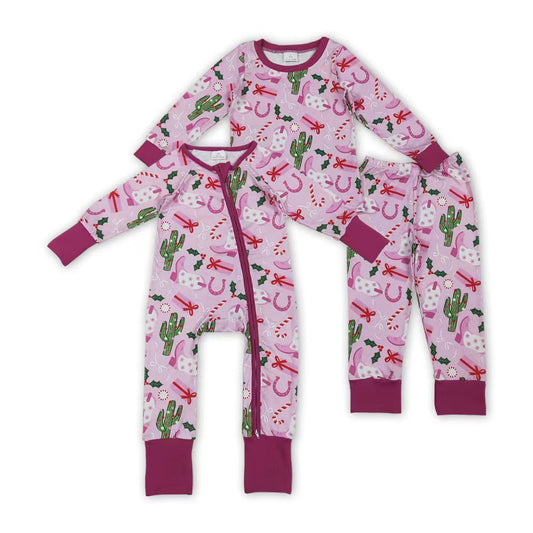 Cactus Boots Candy Cane Print Girls Christmas Pajamas Clothes Sisters Matching Wear