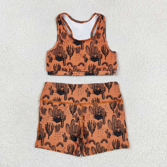 GSSO0902  Brown Cactus Print Girls Summer Clothes Set