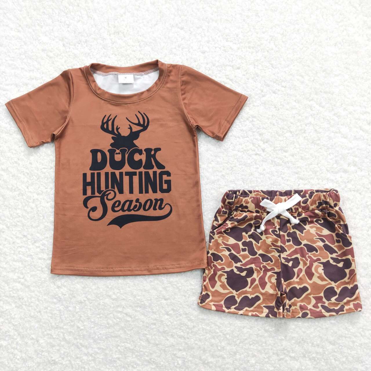 BSSO0340 Brown Duck Hunting Season Camo Print Shorts Boys Summer Clothes Set