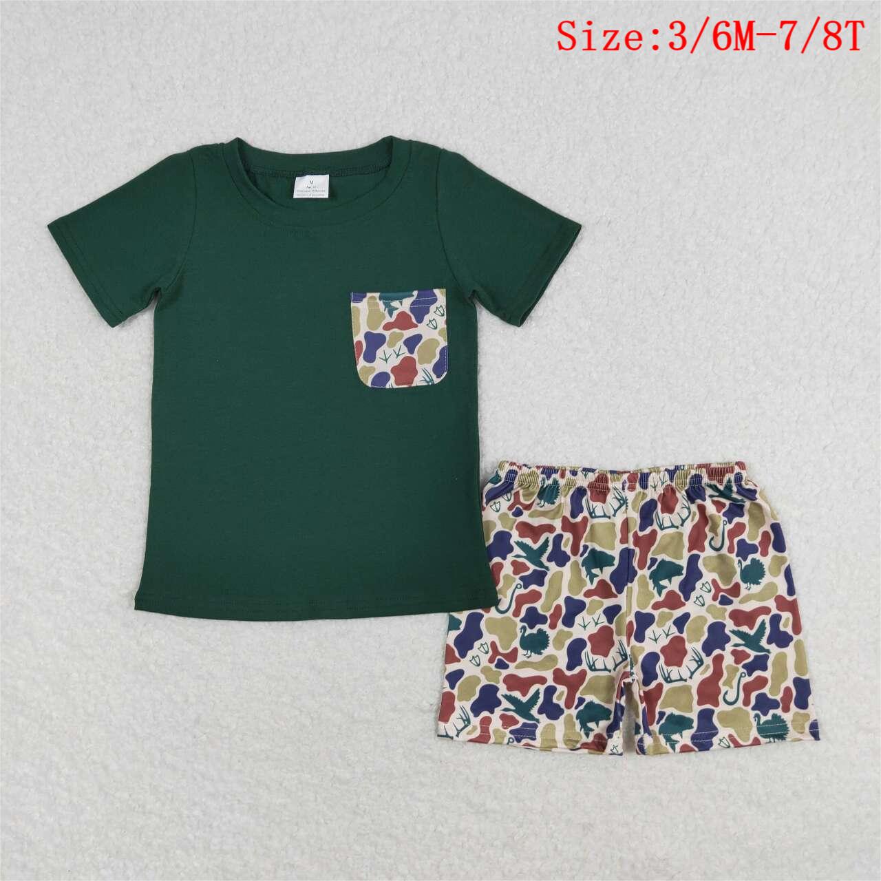 BSSO0923 Green Pocket Top Camo Hunting Shorts Boys Summer Clothes Set
