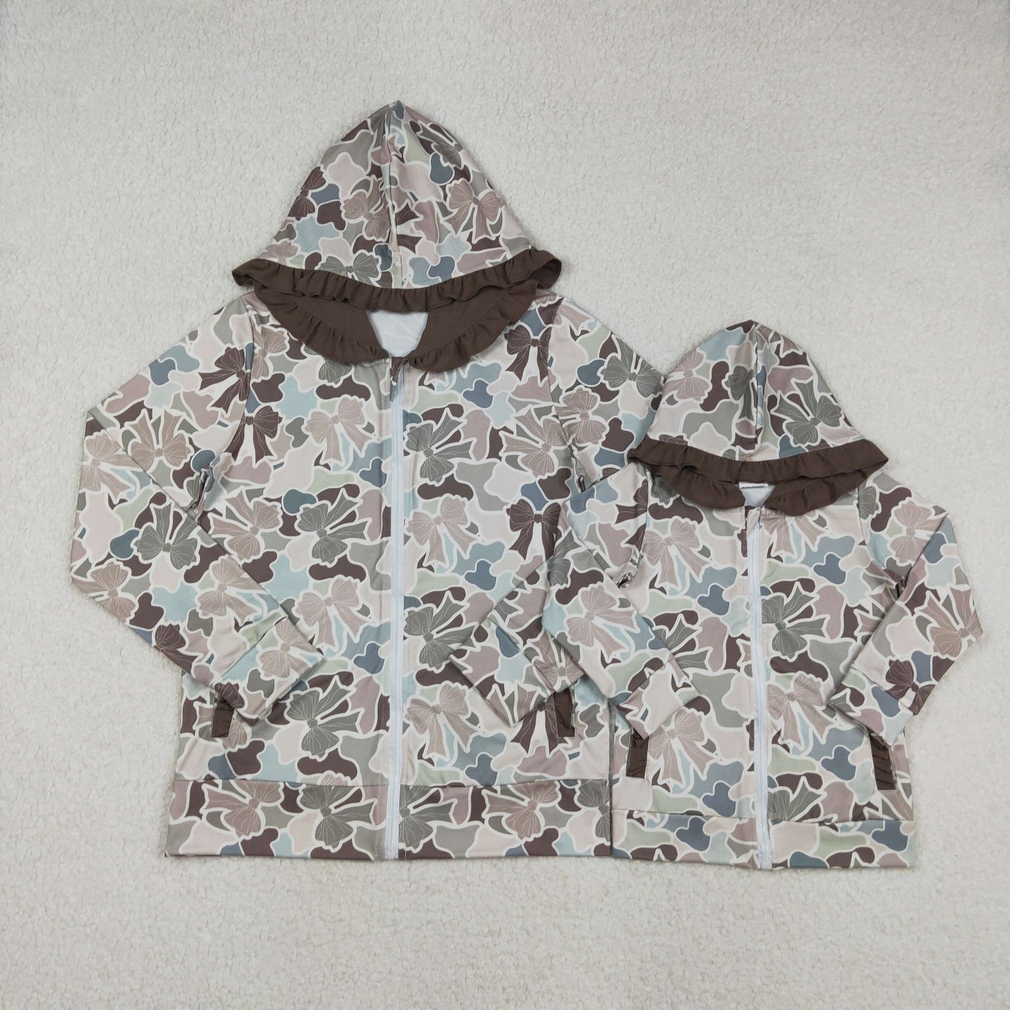 Camo Bows Print Mom and Me Long Sleeve Zipper Hoodie Pockets Jackets Top