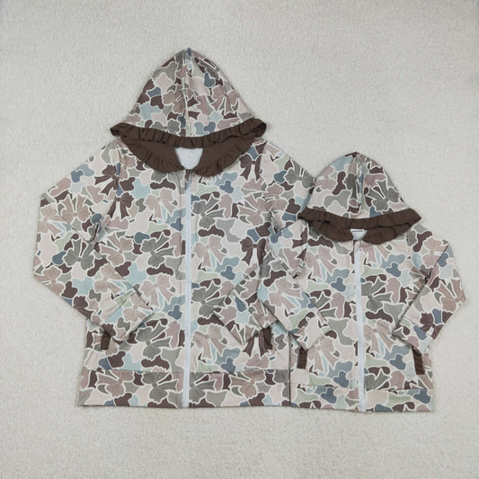 Camo Bows Print Mom and Me Long Sleeve Zipper Hoodie Pockets Jackets Top