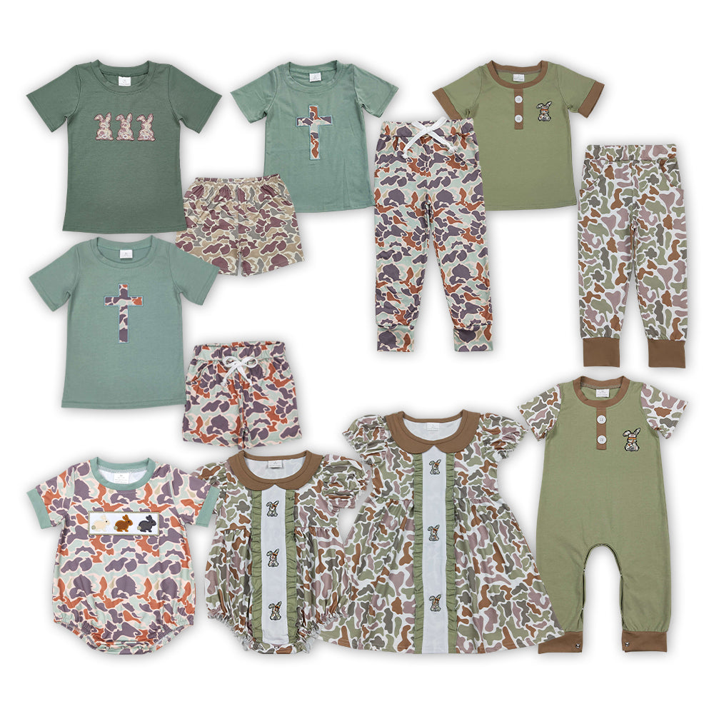 Camo Bunny Cross Embroidery Kids Easter Matching Clothes Sibling Wear