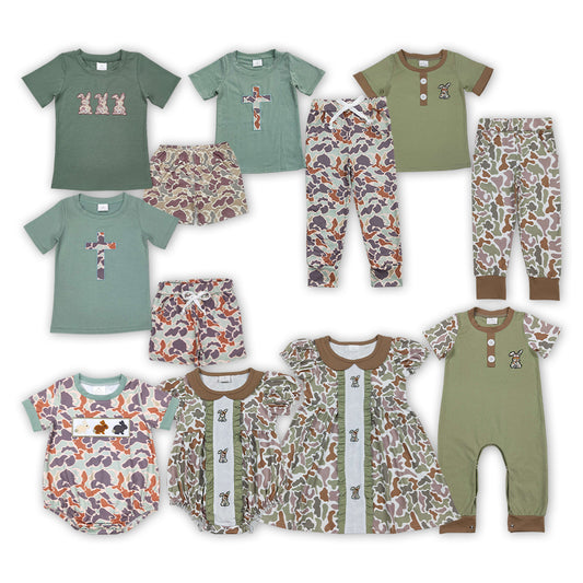 Camo Bunny Cross Embroidery Kids Easter Matching Clothes Sibling Wear