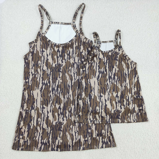 Camo Print Strap Pockets Mom and Me Summer Knee Length Yoga Dress