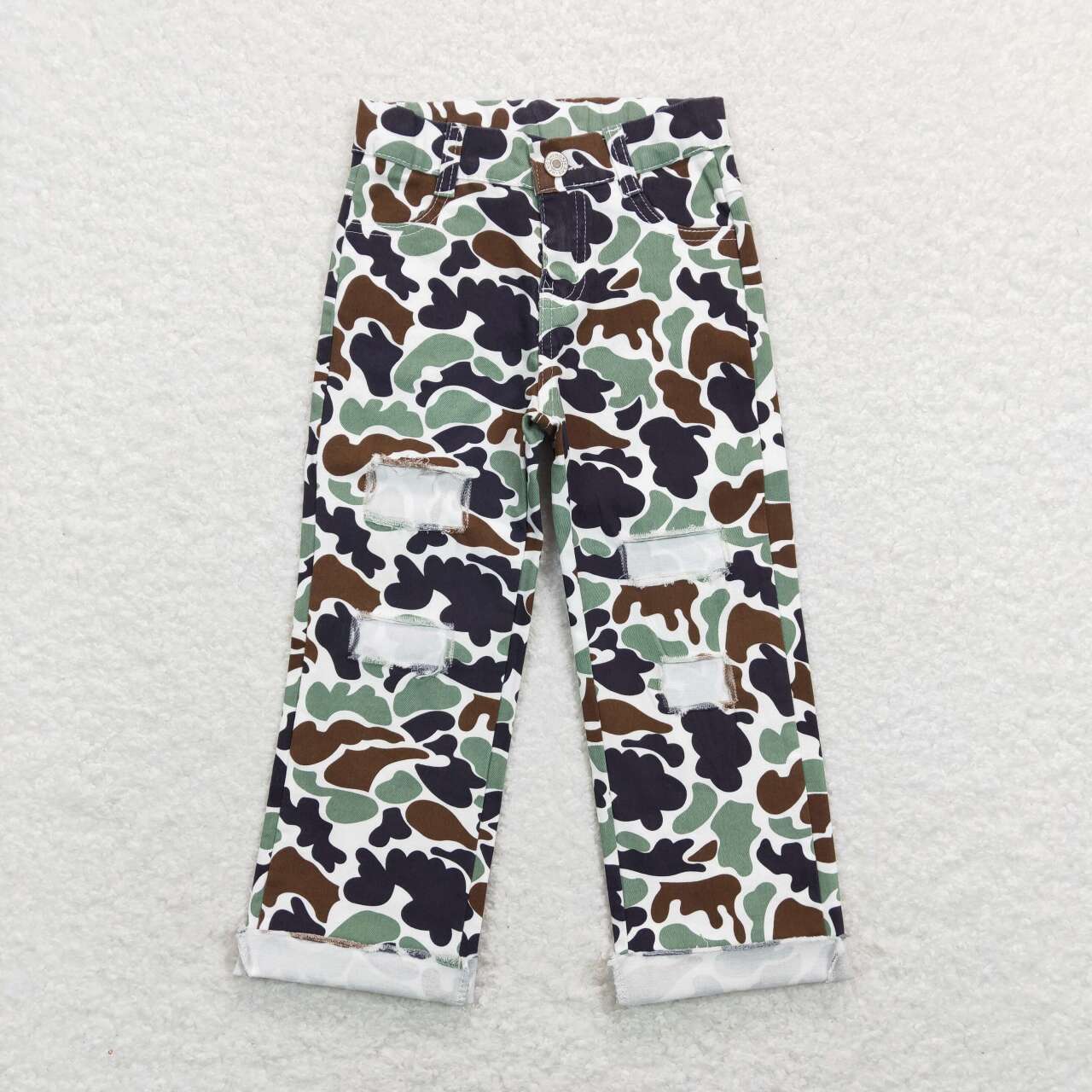 P0413 Green Camo Denim Hole Jeans Kids Pants