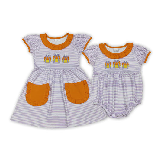 Candy Bows Embroidery Stripes Print Girls Halloween Clothes Sisters Matching Wear